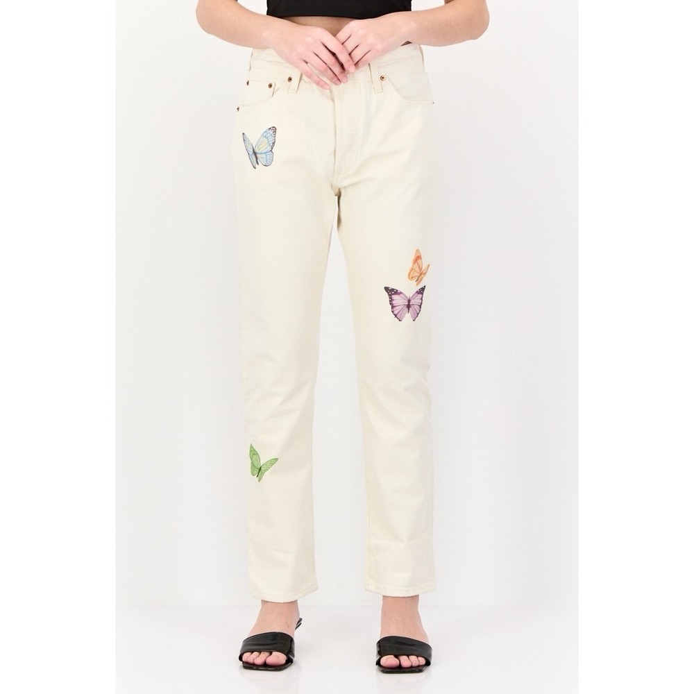 Levi's 501 Denim‎ Give Me Butterflies High Rise Straight Leg Ivory Jeans Sz 28